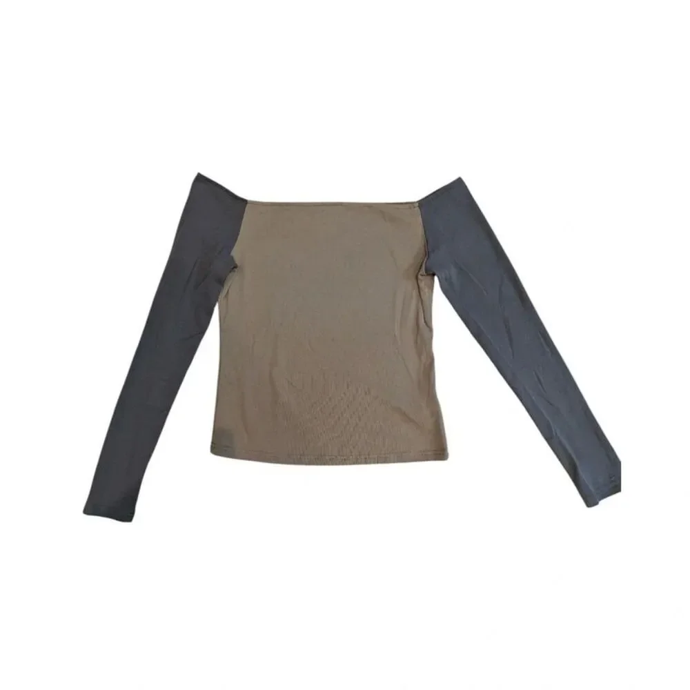 Edikted Boatneck Off Shoulder Long Sleeve Tee In Olive Green
